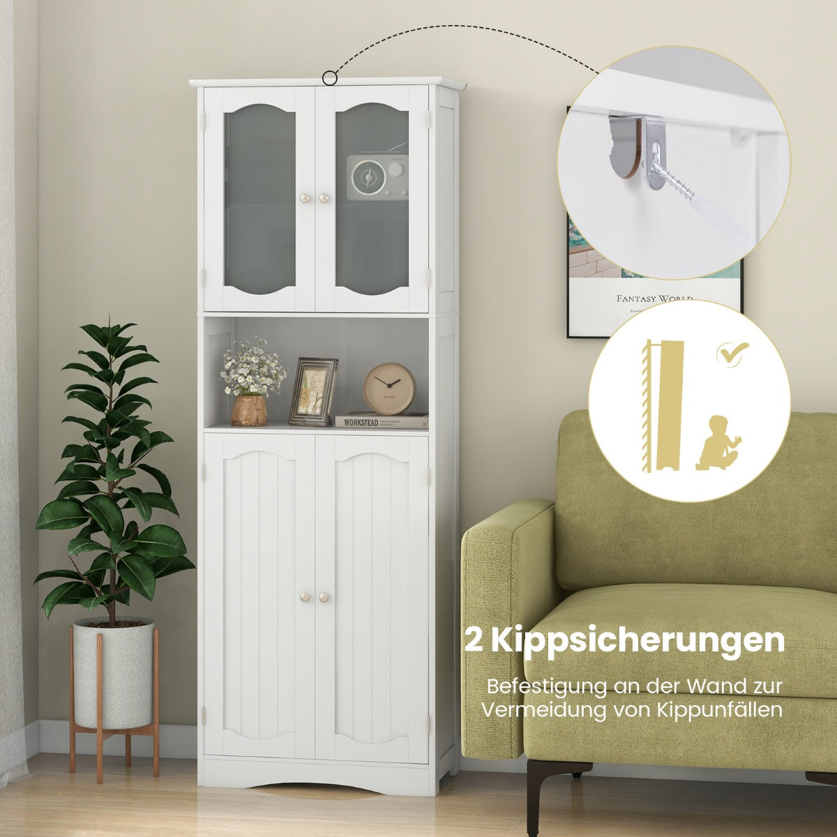Badrumsskåp – Fristående Högskåp med dörrar och öppet fack – 4 60 x 30 x 164 cm – Vit