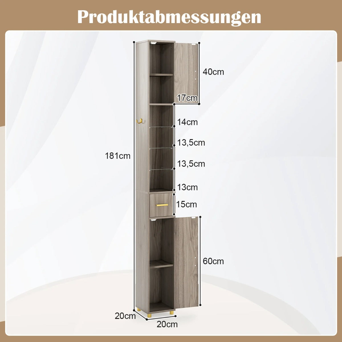 Badrumsskåp – med belysning, låda och glashyllor Smalt Grått – 3 – Grå