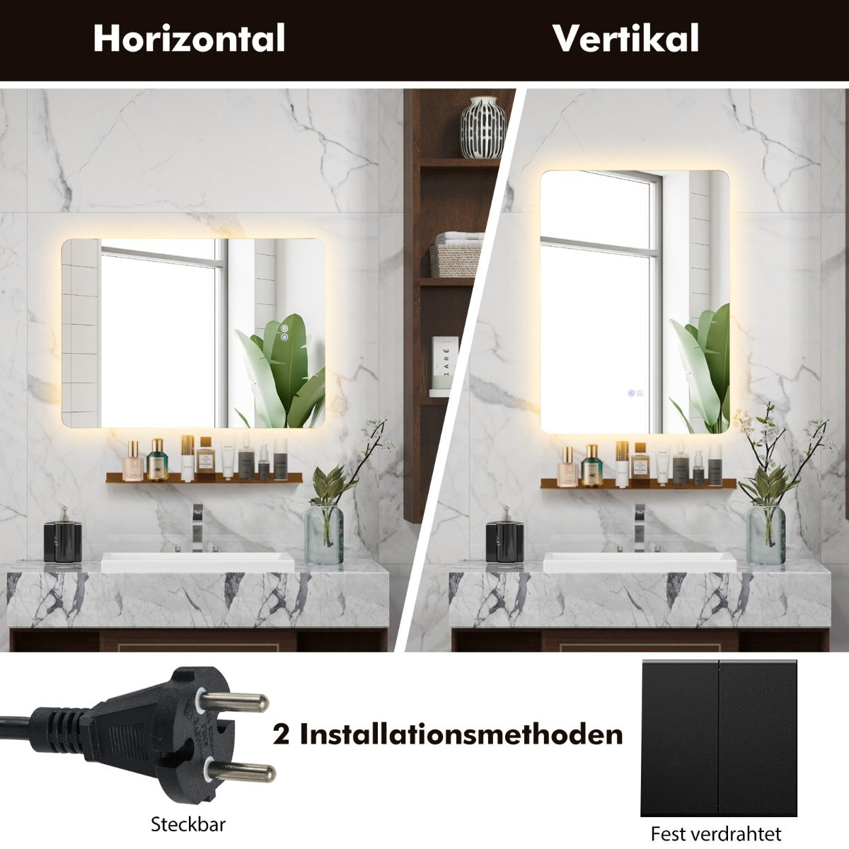 LED badrumsspegel – med belysning och pekknapp minnesfunktion väggspegel – 70 x 50 cm – Silver