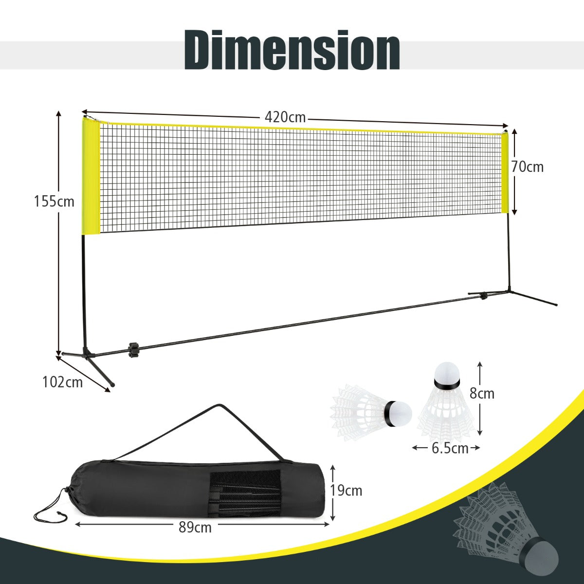 Badmintonnät – med stativ, höjjusterbart fjäderbollsnät fjäderbollar och bärväska Gult – 2 420 x 102 x 89-155 cm – Gul