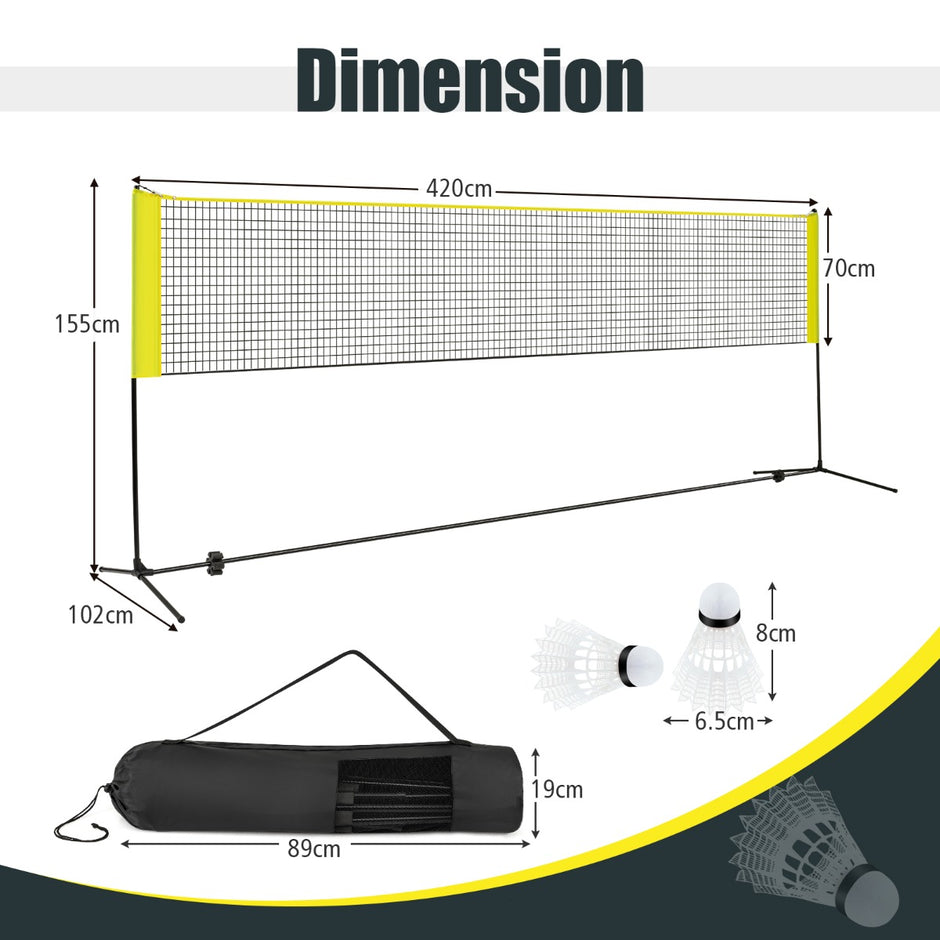 Badmintonnät – med stativ, höjjusterbart fjäderbollsnät fjäderbollar och bärväska Gult – 2 420 x 102 x 89-155 cm – Gul