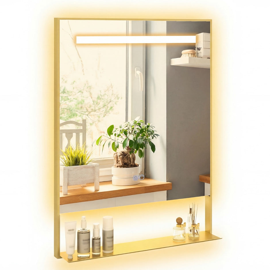 LED Badrumsspegel – med Ljusfärger och Justerbart Ljusstyrka Väggmonterad Sminkspegel – 3 80 x 60 cm – Guld