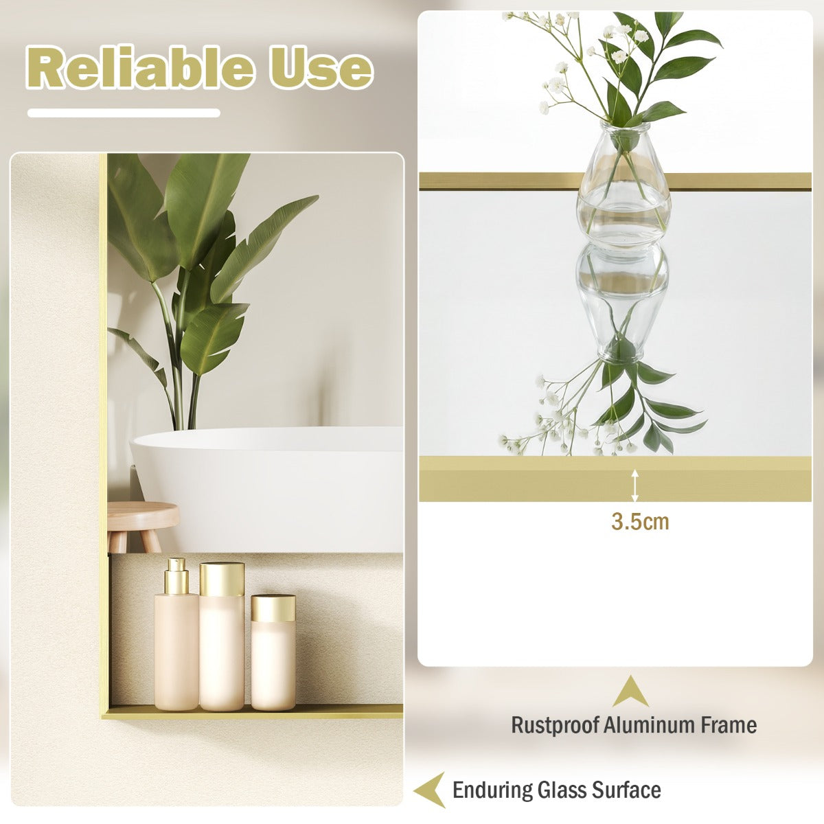 LED Badrumsspegel – med Ljusfärger och Justerbart Ljusstyrka Väggmonterad Sminkspegel – 3 80 x 60 cm – Guld