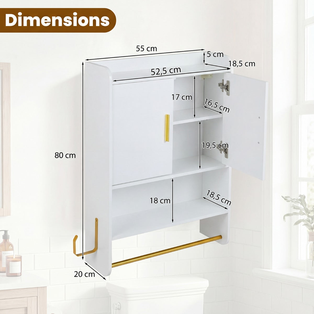 Hängande – Badskåp med Dörrar, Hyllor och Handdukshållare, Justerbar, – 2 55 x 20 x 80 cm – Vit
