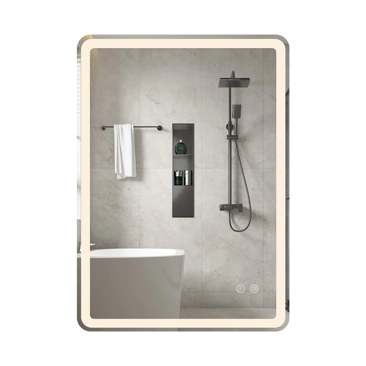Badrumsspegel – med LED belysning och imma säker väggspegel i härdat glas cm. – 70 x 50 x 3 – Silver