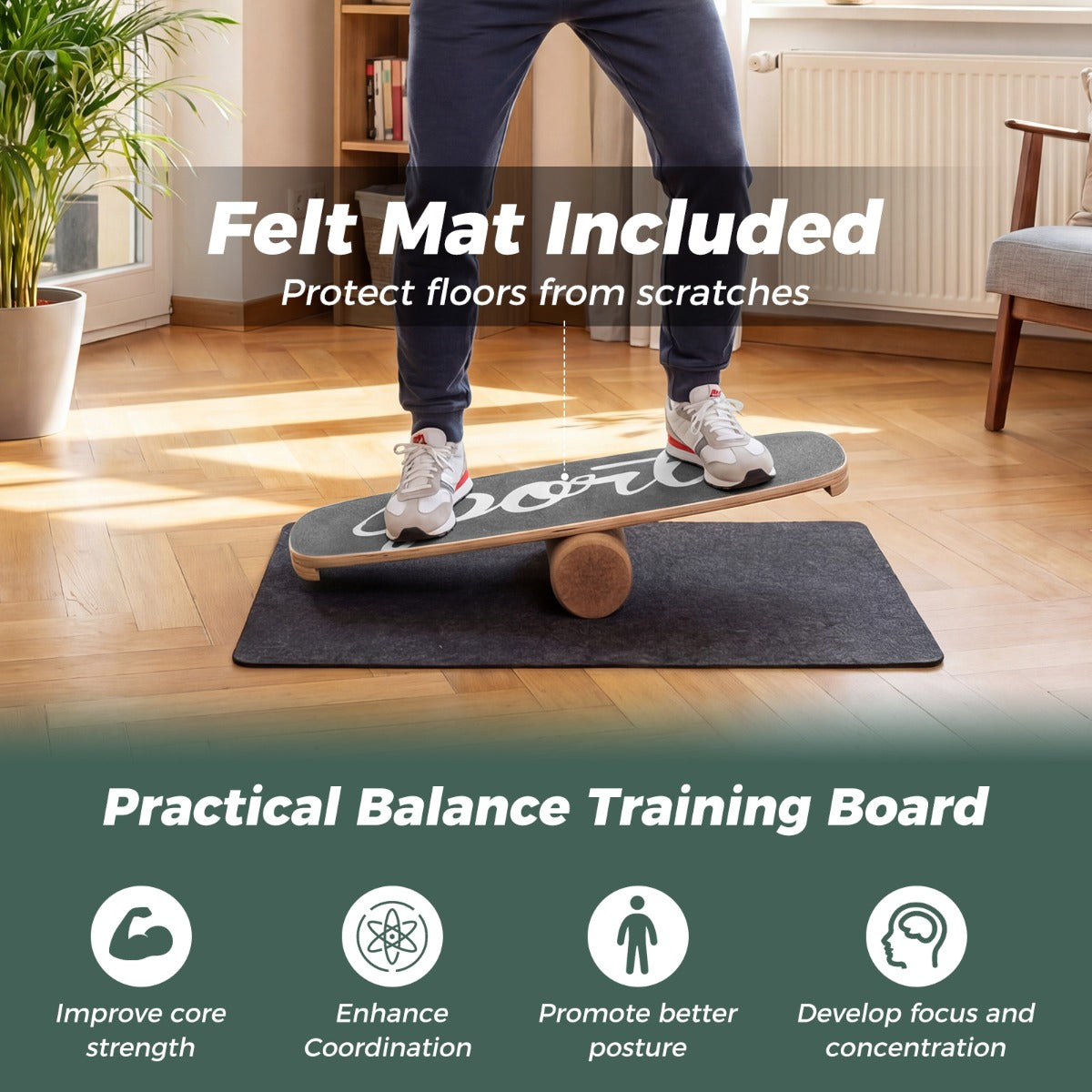 Balancebräda – Waveboard med korkrulle, surfbräda av björkträ, belastbar upp till – 17 mm 10 cm 100 kg – Svart