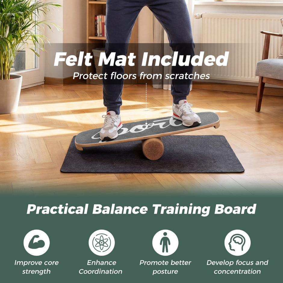 Balancebräda – Waveboard med korkrulle, surfbräda av björkträ, belastbar upp till – 17 mm 10 cm 100 kg – Svart