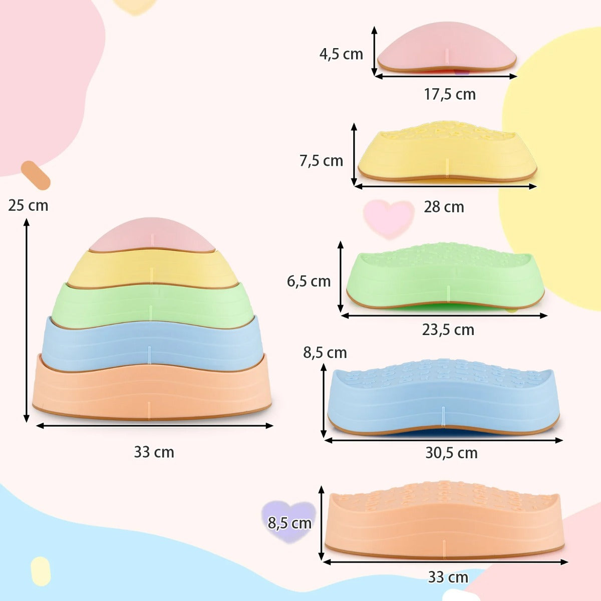 Balansstenar – för barn Halkfria stapelstenar med en belastningskapacitet på upp till Flodstenar Macaron Pentagon – 80 kg – Flerfärgad