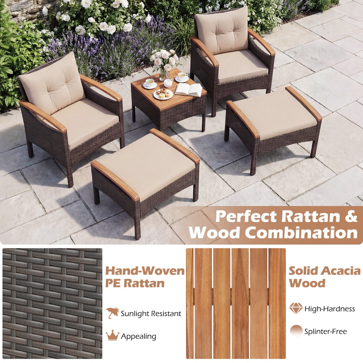 Rattan – trädgårdsmöbel inklusive stolar med pallar och bord kuddar, akacie trä, balkonset – 2 – Beige