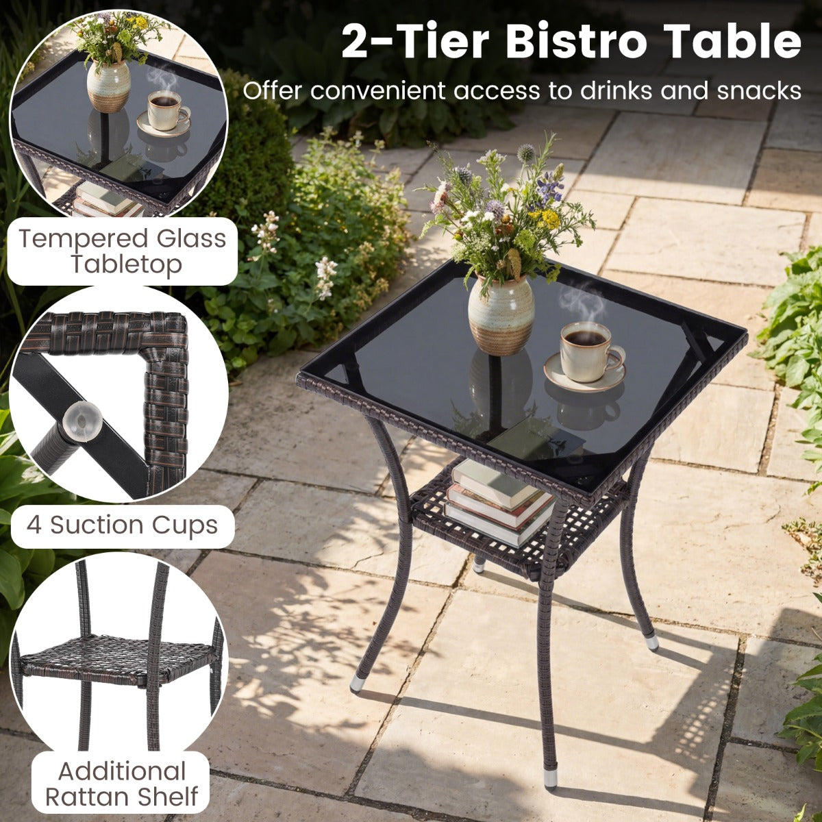 delat – trädgårdsmöbelset, rottingstolar + glasbord med kuddar, utomhus för veranda och poolområde, Off white – 3 2 – Vit