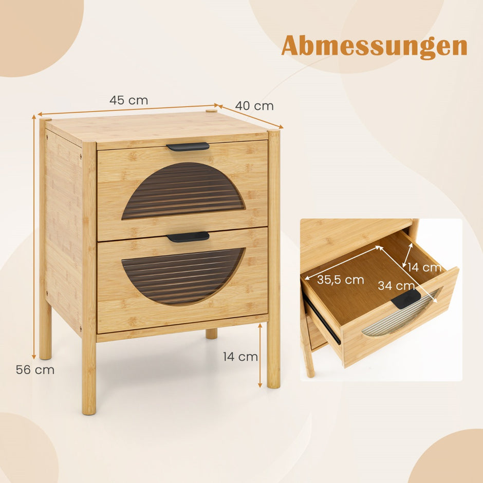 Bambu – nattduksbord med lådor Modernt sidobord Robust Nattkonsol – 2 – Natur