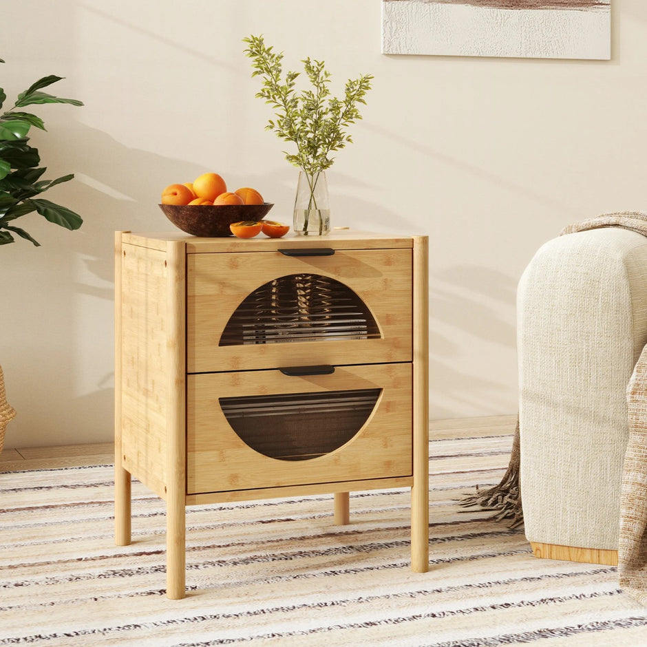 Bambu – nattduksbord med lådor Modernt sidobord Robust Nattkonsol – 2 – Natur