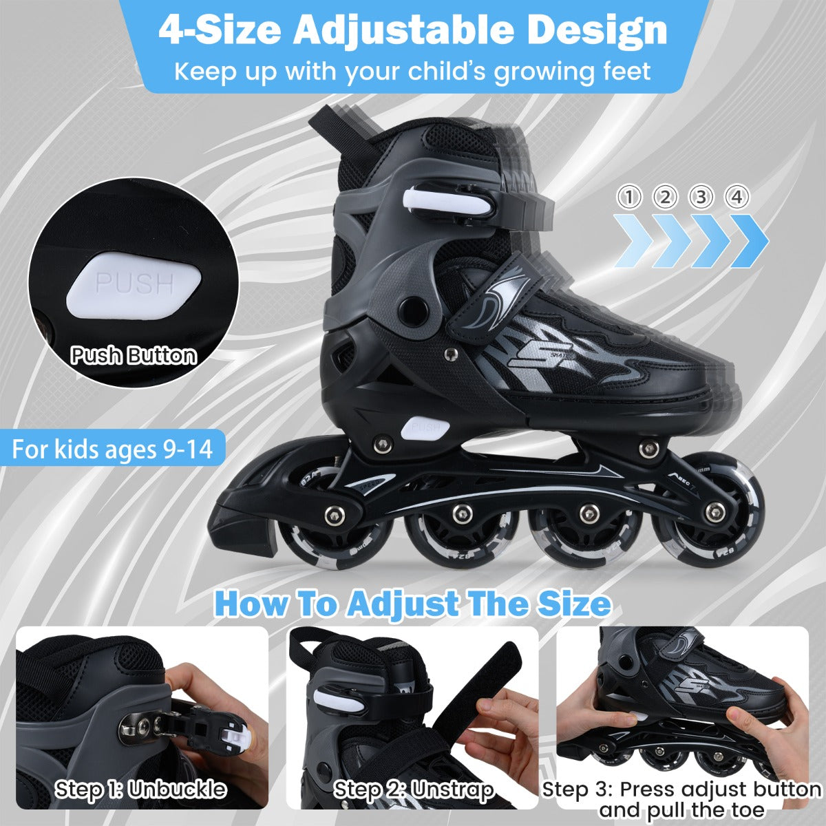 Barn – Inlineskates Storlekar Justerbara Med Ljusande Hjul L (EU 38-41) – 4 – Grå