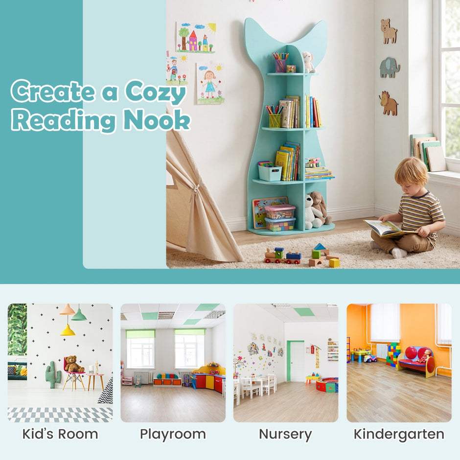 Barnbokhylla – nivåer barnhylla av trä fiskformad förvaringshylla med öppna fack – 4 8 – Blå