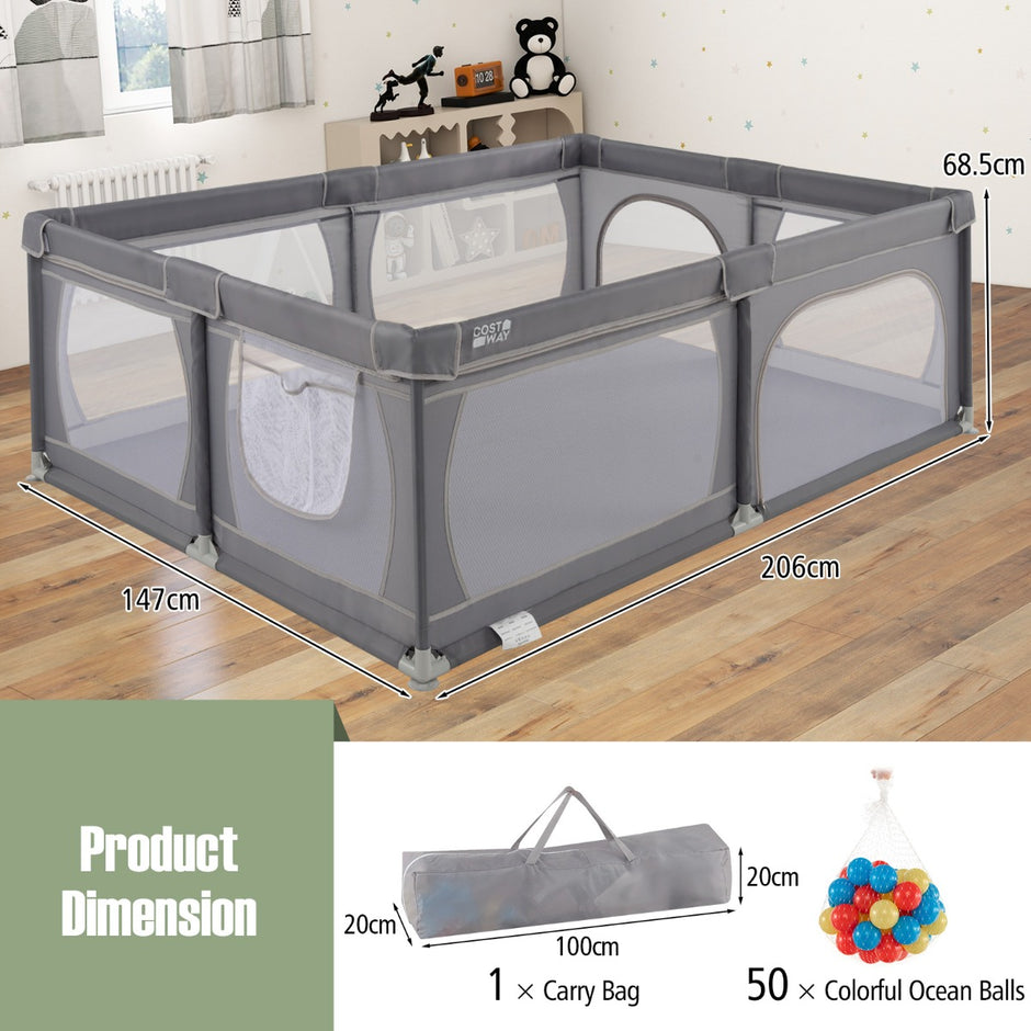 Barngaller – med bollar och dörrar andningsbart nät, lekskydd – 50 2 205 x 147 cm – Grå och vit