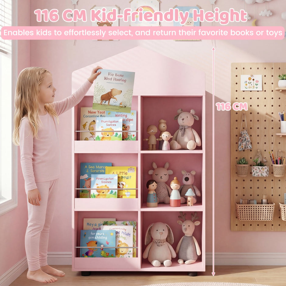 Montessori – barnhylla bokhylla trä och leksaksförvaring – 116 cm – Rosa