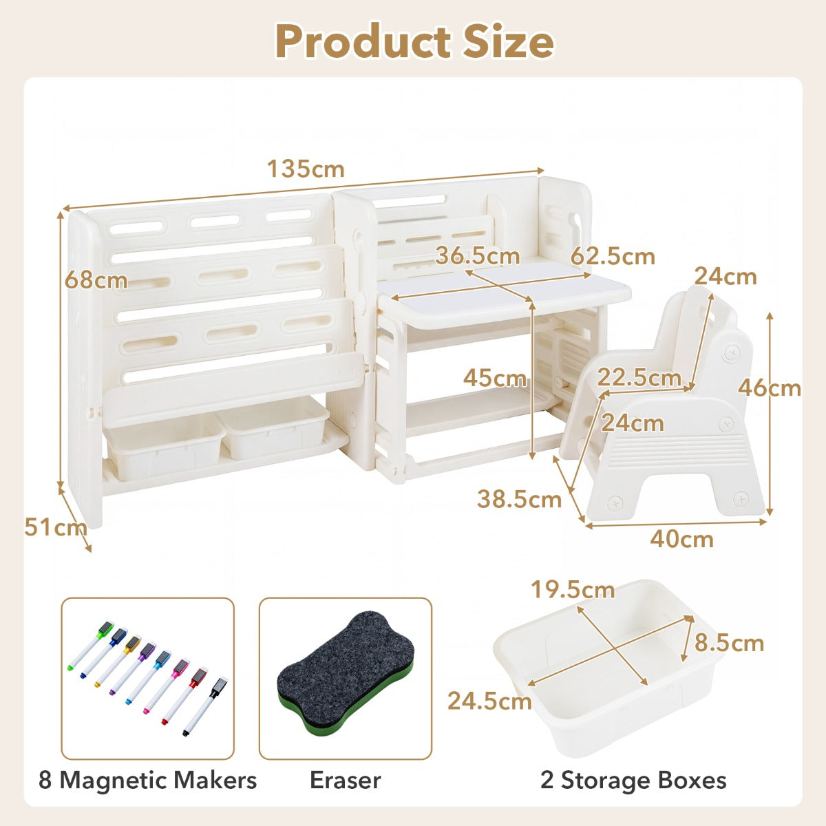 i – Barnbord Och Stolar Set Med Bokhyllor Whiteboard Förvaringslådor Målarbord – 4 1 2 – Beige