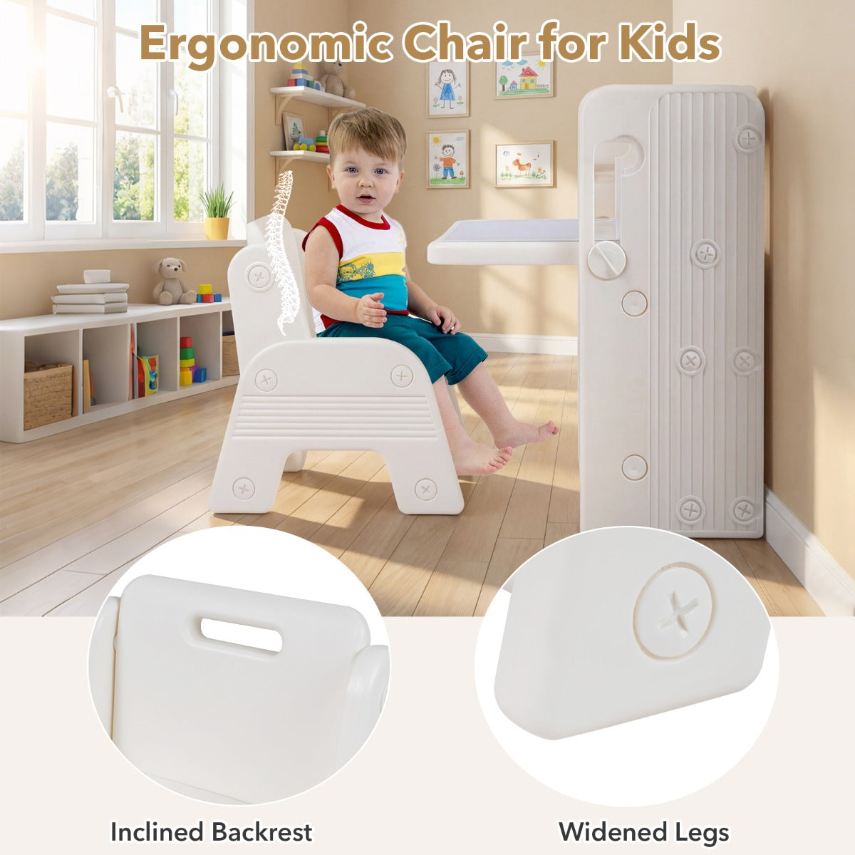 i – Barnbord Och Stolar Set Med Bokhyllor Whiteboard Förvaringslådor Målarbord – 4 1 2 – Beige