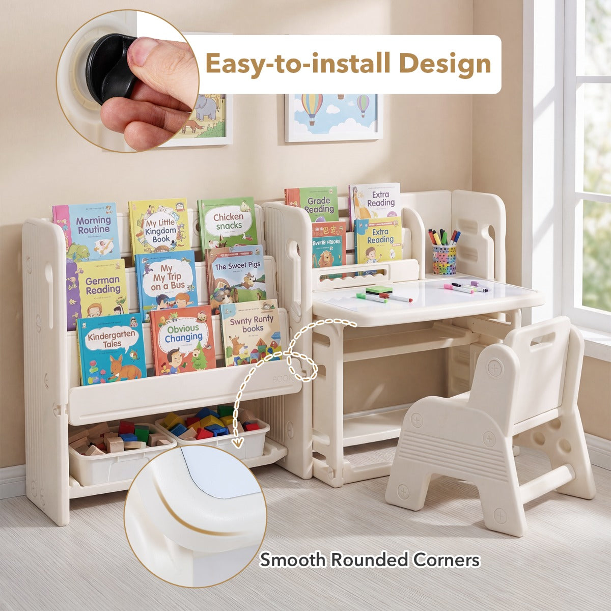 i – Barnbord Och Stolar Set Med Bokhyllor Whiteboard Förvaringslådor Målarbord – 4 1 2 – Beige