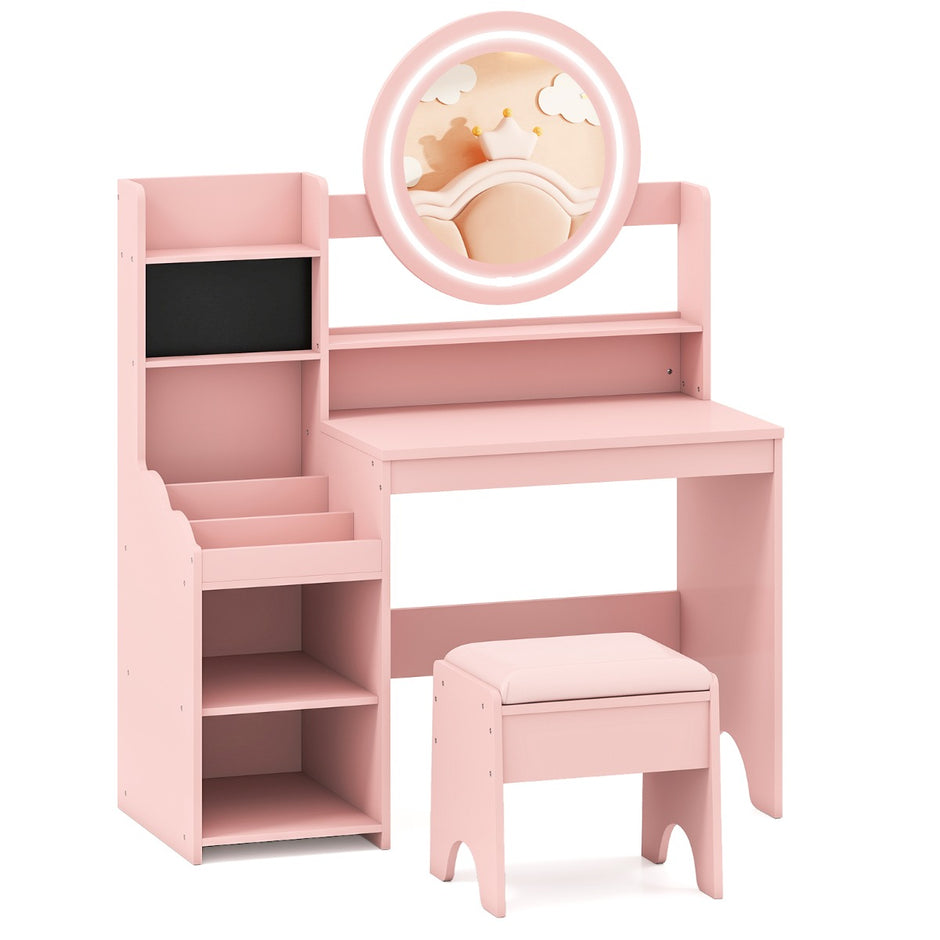 Barn – Sminkbord med Spegel och Ljus Prinsessa Lekbord Hylla Ringspår Polsterad Pall – Rosa