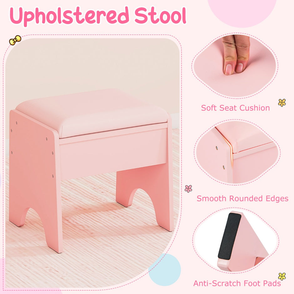 Barn – Sminkbord med Spegel och Ljus Prinsessa Lekbord Hylla Ringspår Polsterad Pall – Rosa