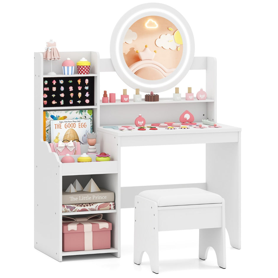 Barn – Sminkbord med Spegel och Ljus Prinsessa Lekbord Hylla Ringspår Polsterad Pall – Vit