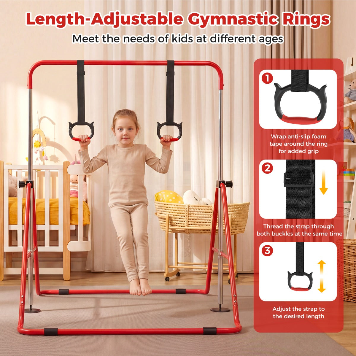 Barns – hoppfällbara gymnastikstång med justerbara höjder och gymnastikringar Barrstång – 4 – Röd
