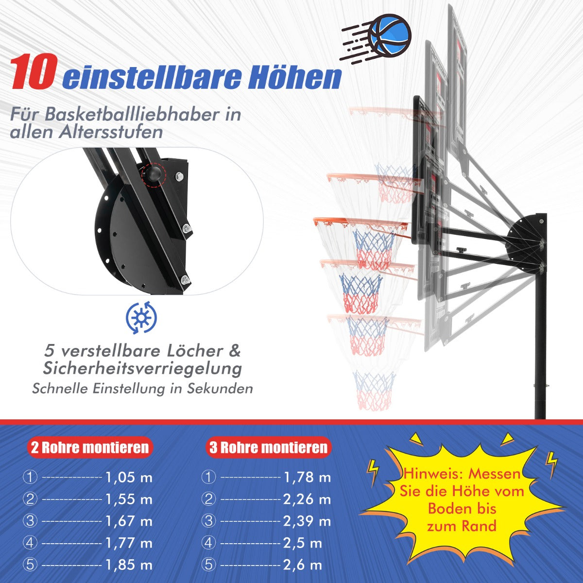 Höj – och sänkbart basketställ med stativ hjul, cm, basketkorg – 2 105-260 – Svart