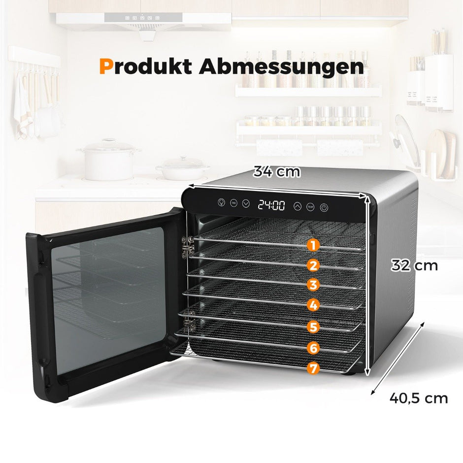 600W – torkugn med rostfria skålar torkapparat 24H timer och 30-75℃ – 7 34 x 40,5 x 32 cm – Silver
