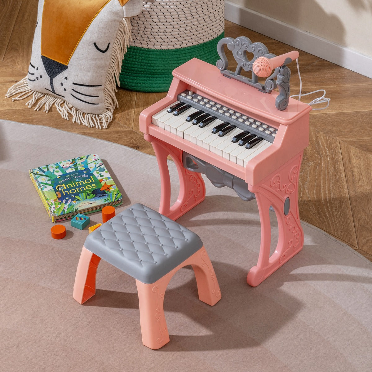 Mini – tangentbord med pall och notställ mikrofon elektriskt piano – 25 – Rosa
