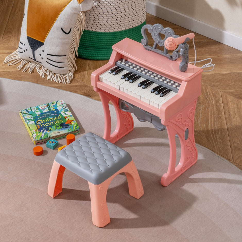 Mini – tangentbord med pall och notställ mikrofon elektriskt piano – 25 – Rosa
