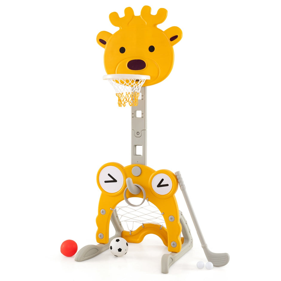 I – Aktivitetscenter Med Korg och Fotbollsmål Ringkast Golf Höjdjusterbar Baskestall Giraff – 4 1 – Gul