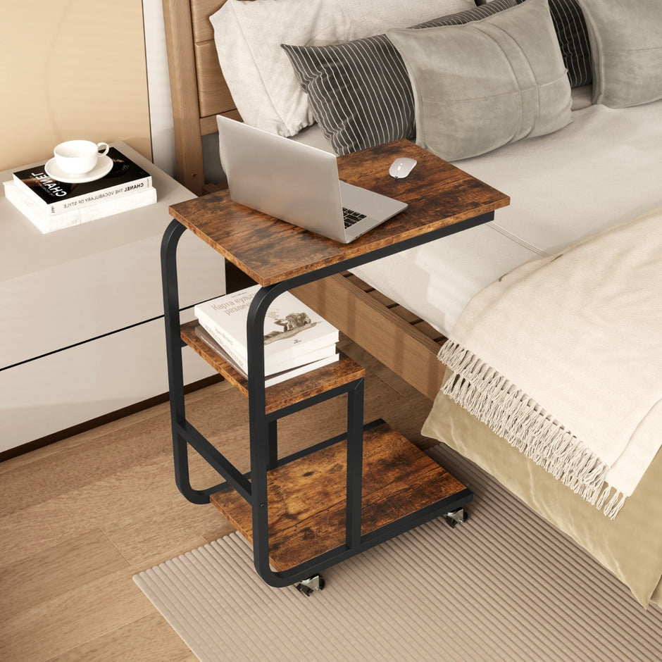Set – med C formade sidobord öppna hyllor och låsbara hjul Utrymmesbesparande – 2 – Rustik brun