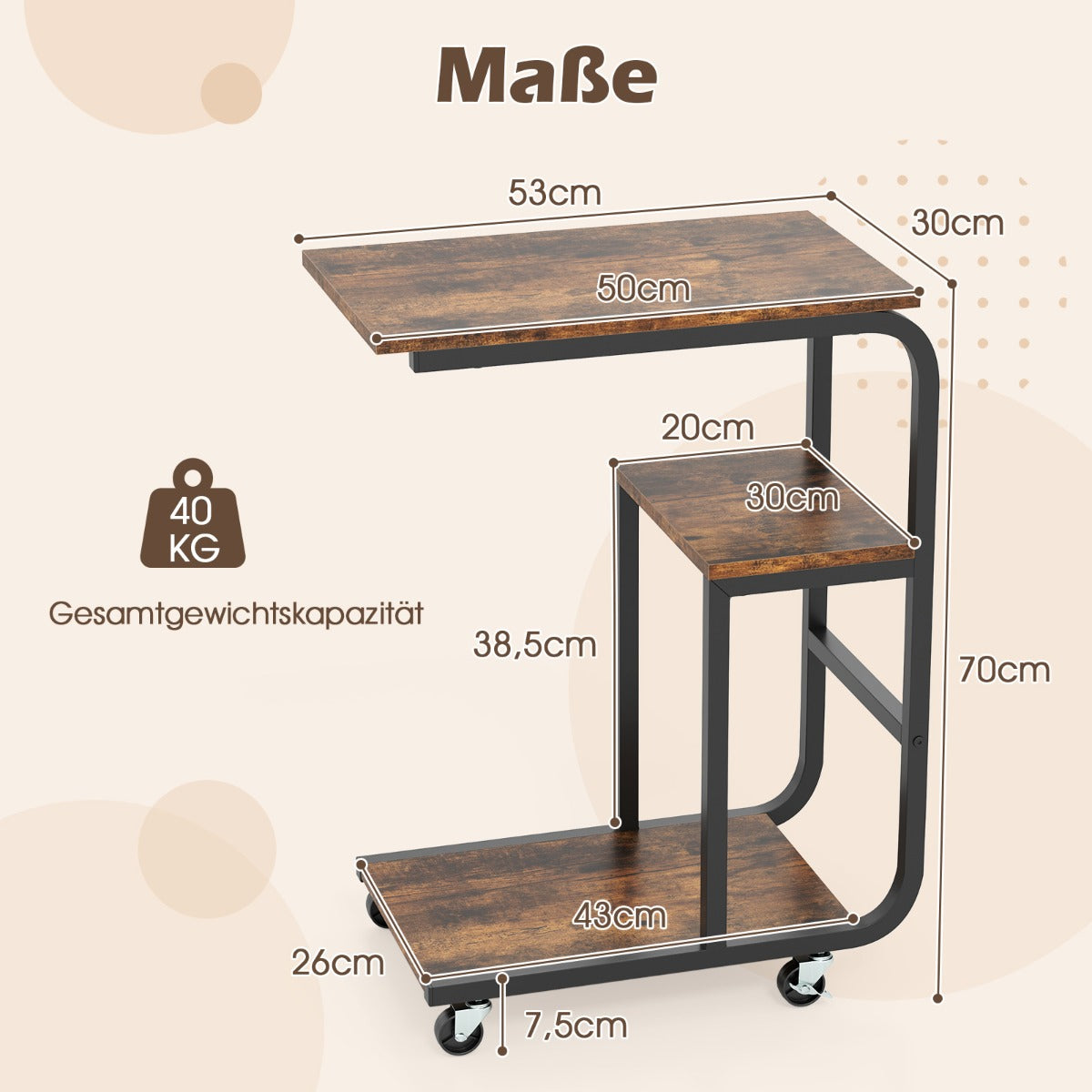 Set – med C formade sidobord öppna hyllor och låsbara hjul Utrymmesbesparande – 2 – Rustik brun