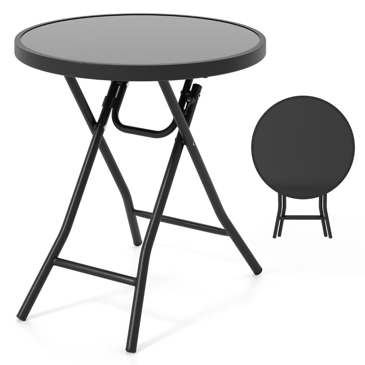 Runt – uteplats soffbord med härdat glasskiva och metallram hopfällbart sidobord – Svart