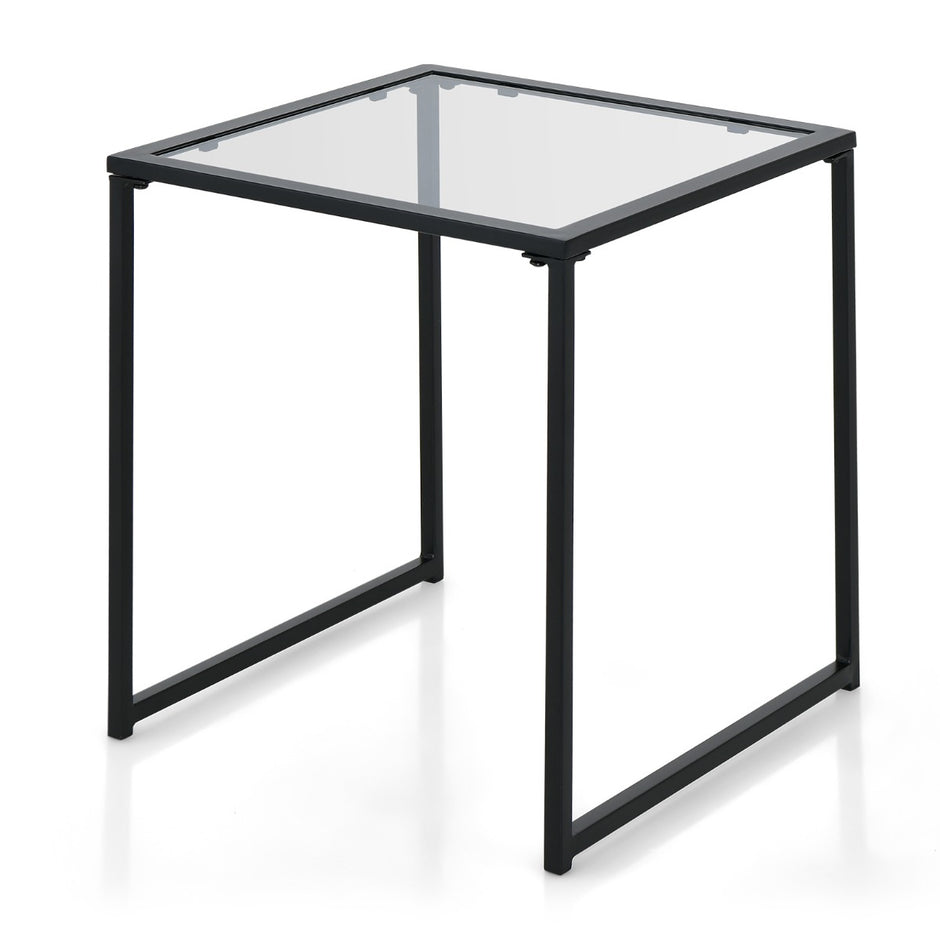 Sidobord – Litet trädgårdsbord Balkongbord med bordsskiva i härdat glas – 43 x 43 x 45 cm – Svart