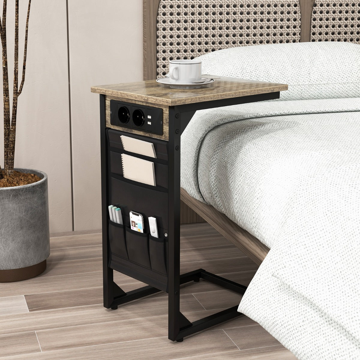 Set – med C formade sidobord laddstation och USB portar sidoficka sängbord – 2 – Rustik brun