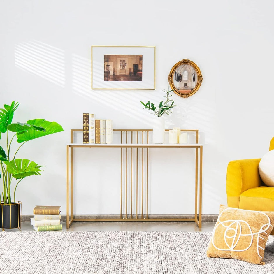 Konsolbord – med marmorlook och guldfärgad metallstomme Modernt hallbord – 120 cm – Vit