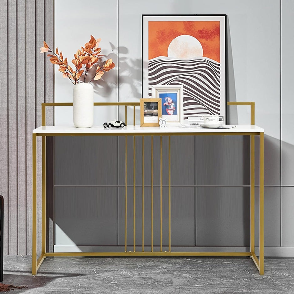 Konsolbord – med marmorlook och guldfärgad metallstomme Modernt hallbord – 120 cm – Vit
