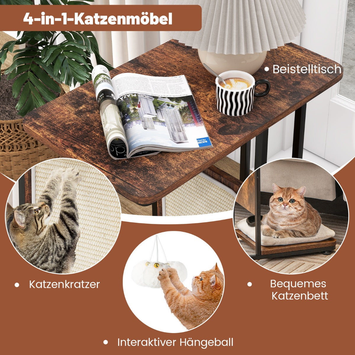 Sidobord – med sisal skrapbräda i kattmöbel kattskrapa avtagbar kudde och boll – 4 1 50 x 30 x 64 cm – Rustik brun