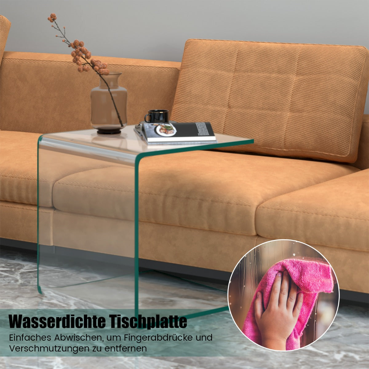 Sidobord – glas nattduksbord U format transparent fyrkantigt – 45 x 45 x 41 cm – Genomskinlig