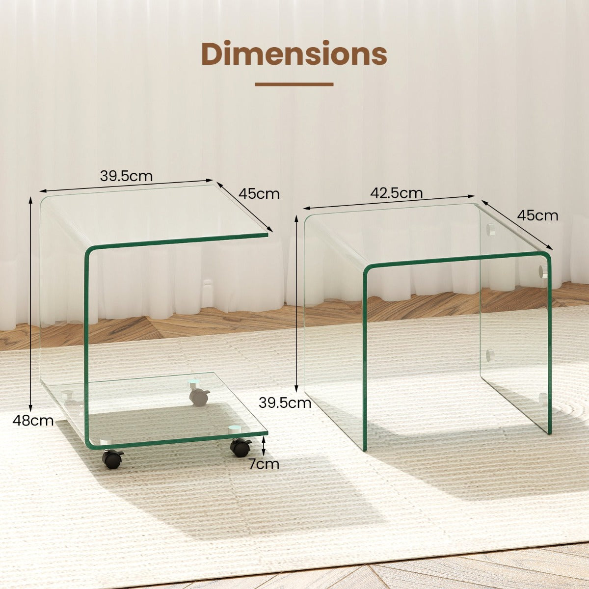 Sidobord – i härdat glas med hjul C formad Nattduksbord Soffbord Kaffebord Transparent – Genomskinlig