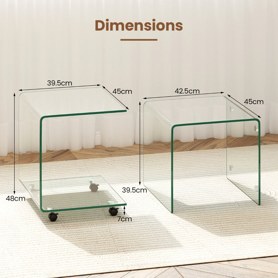 Sidobord – i härdat glas med hjul C formad Nattduksbord Soffbord Kaffebord Transparent – Genomskinlig