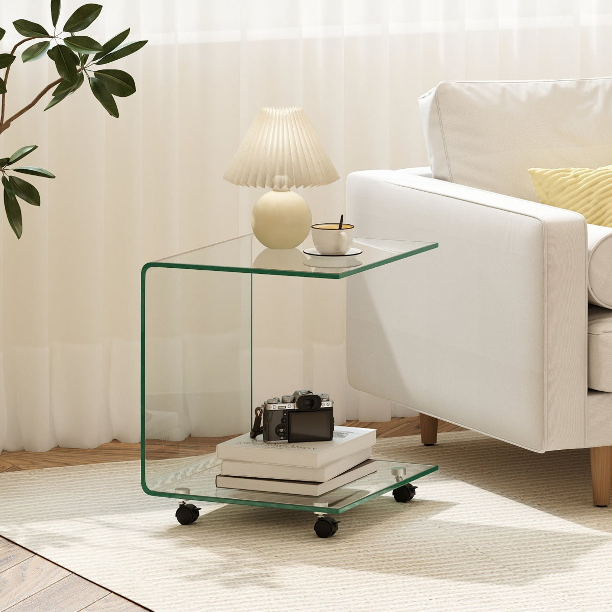 Sidobord – i härdat glas med hjul C formad Nattduksbord Soffbord Kaffebord Transparent – Genomskinlig