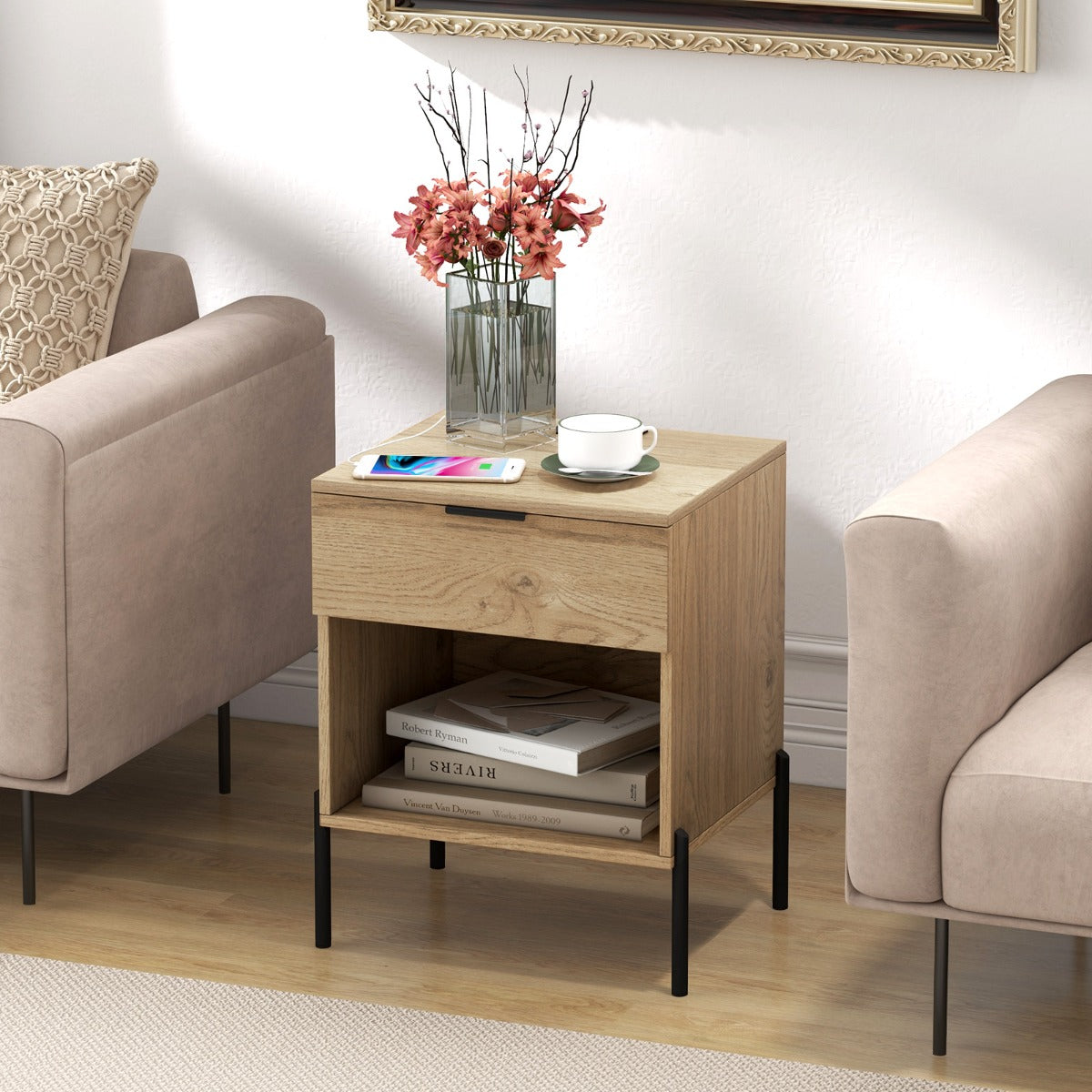 Modernt – sängbord med laddstation och låda sidobord öppet fack – Natur