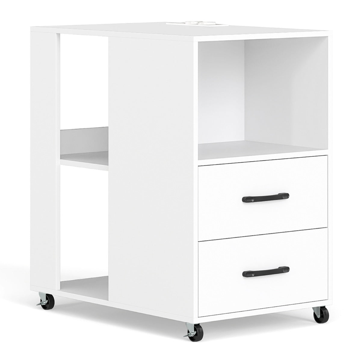 Sidobord – med hjul, rullbart nattduksbord lådor och hyllor, vitt – Vit