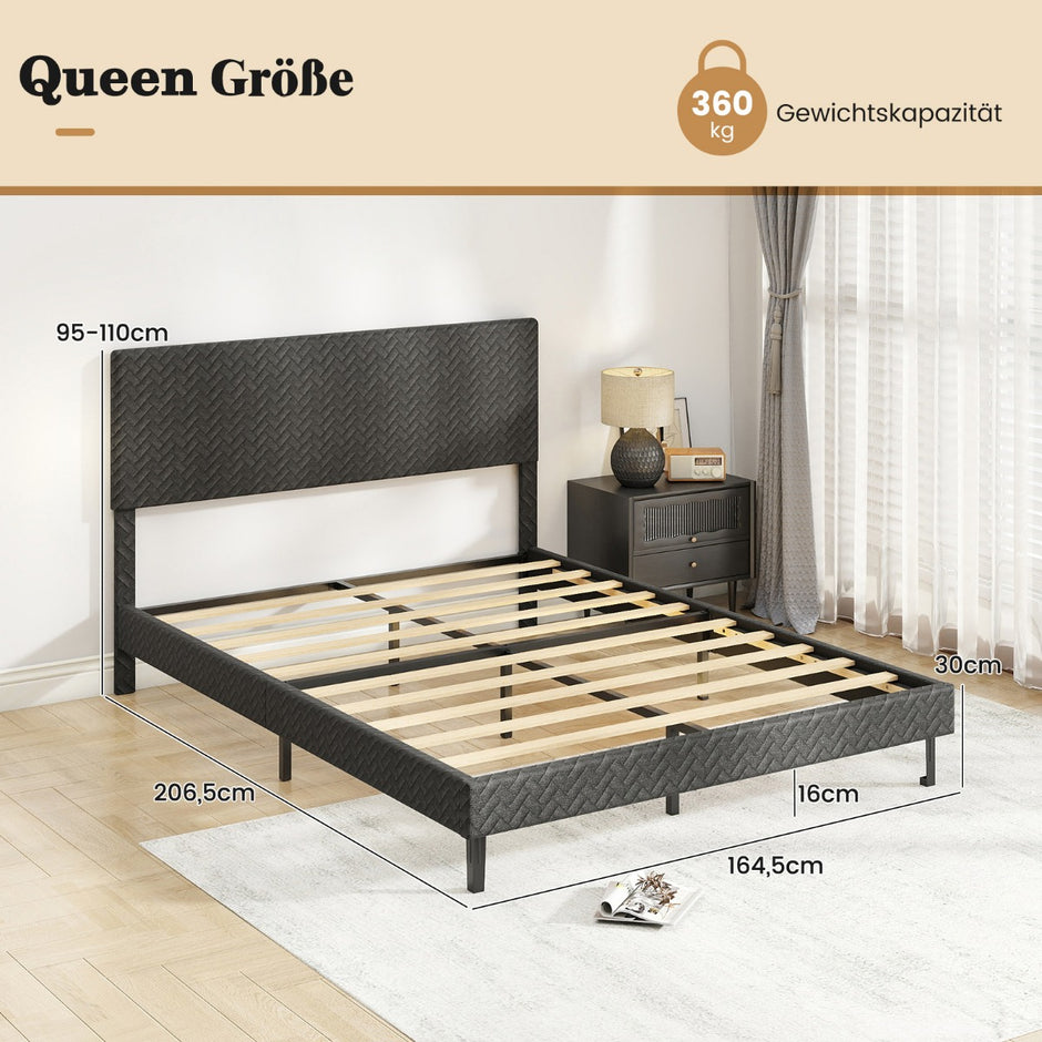 Sammetssängram – med höjdjusterbart chevron huvudgavel Vadderad – 160 x 200 cm – Grå