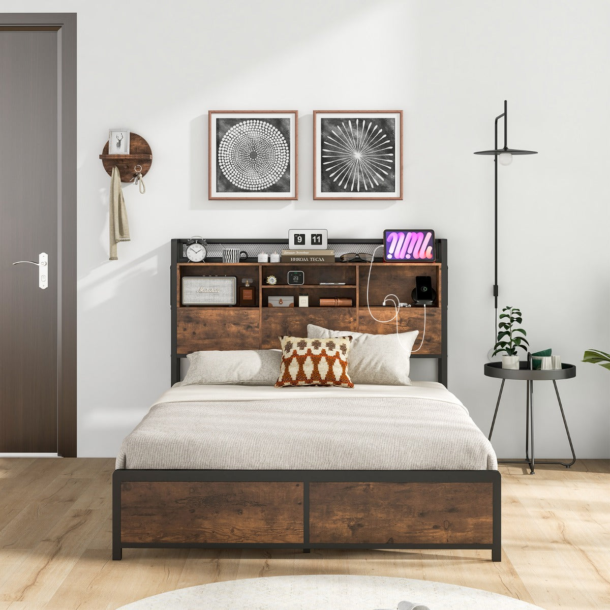Sängram – med laddstation och förvaringsutrymme lamellram sidofickor metallsäng – 140 x 200 cm – Rustik brun