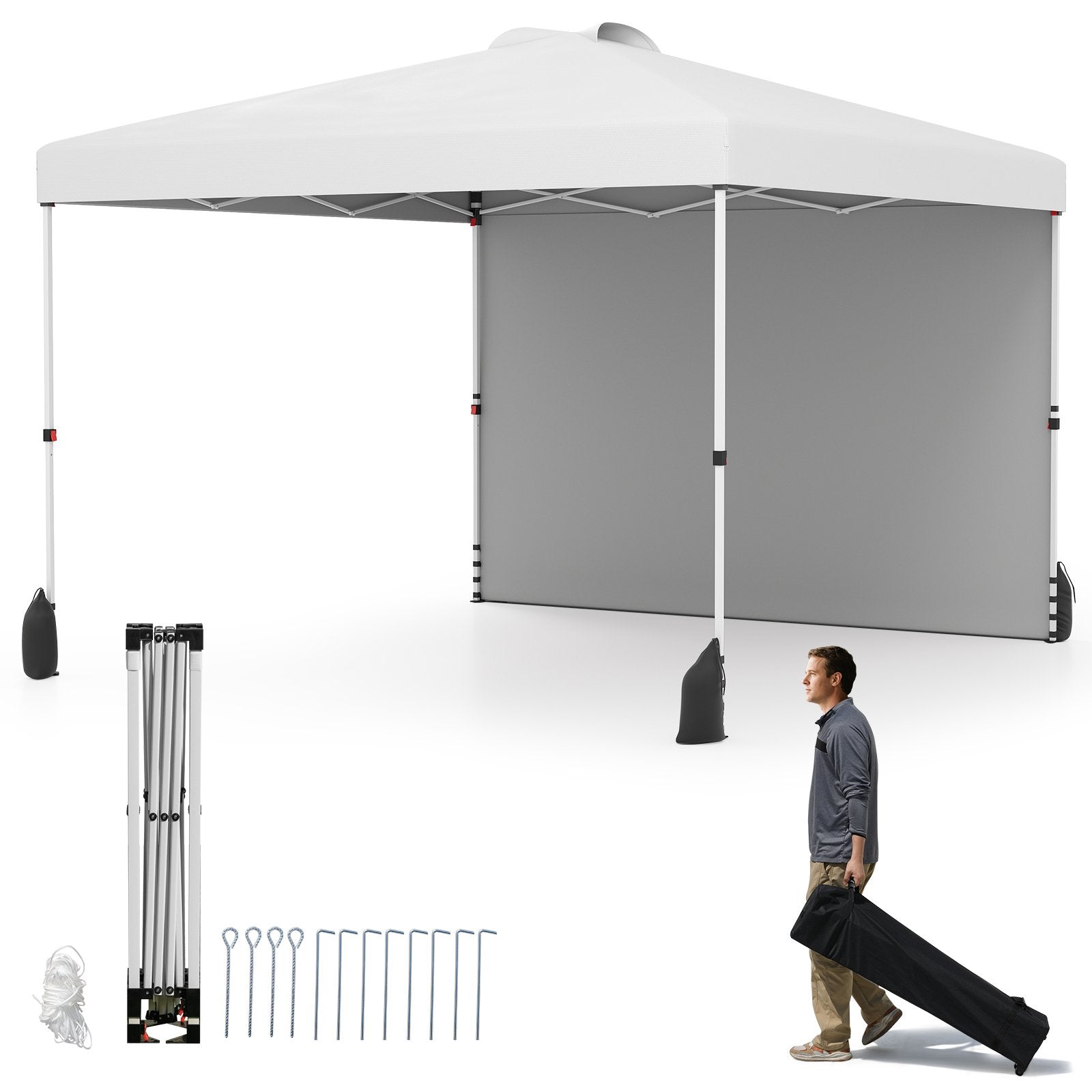 Pop – up paviljong med sidovägg bärbar inkl. skuggskydd rullväska – 3 x 3 m – Vit