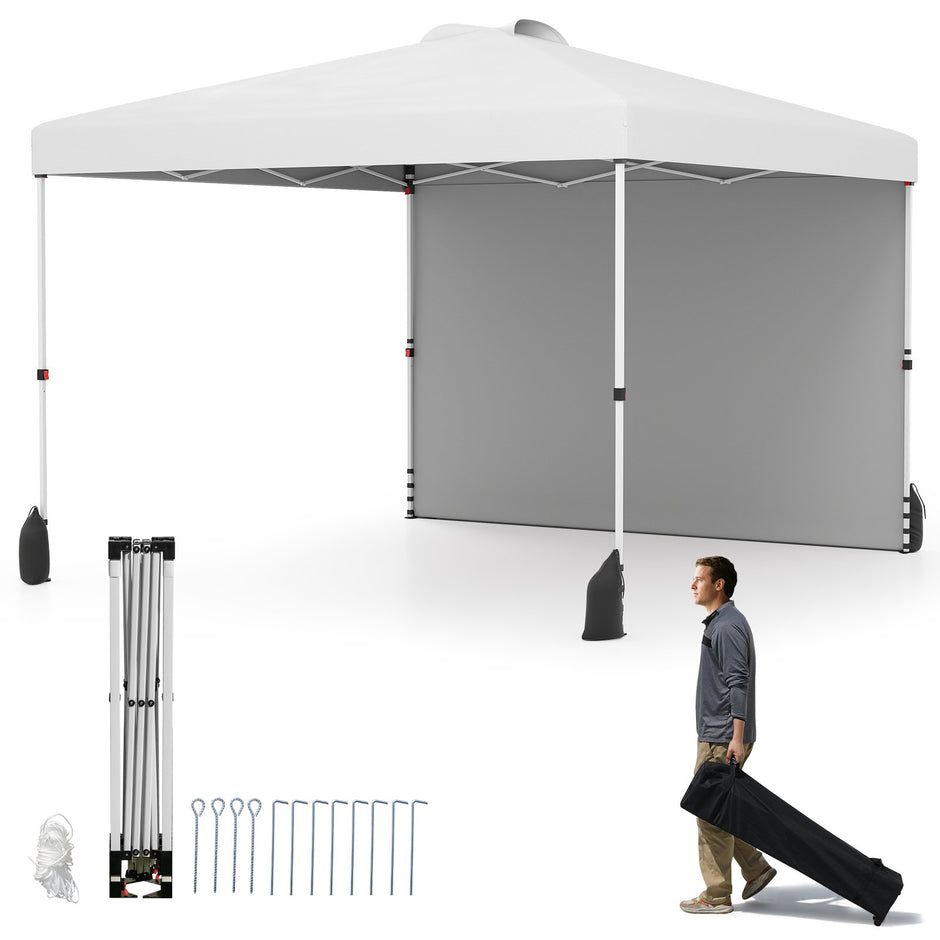 Pop – up paviljong med sidovägg bärbar inkl. skuggskydd rullväska – 3 x 3 m – Vit